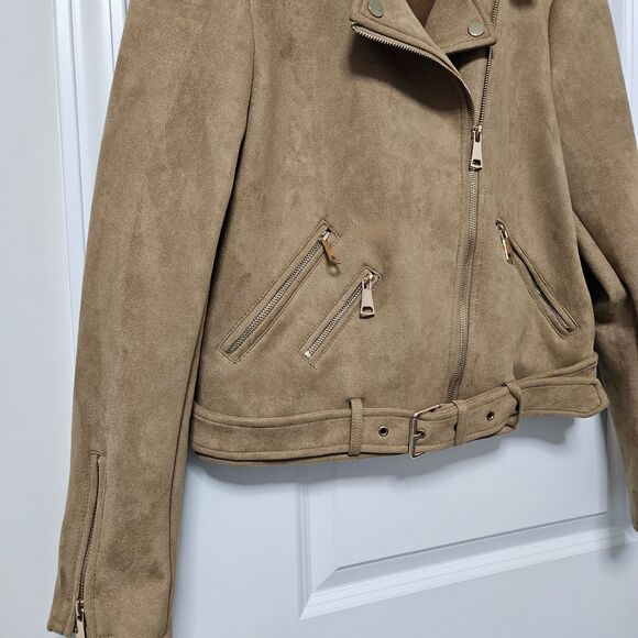 Vigoss Faux Suede Biker Jacket Women's Large Brown Pockets Gold Zipper Belted - Picture 5 of 9